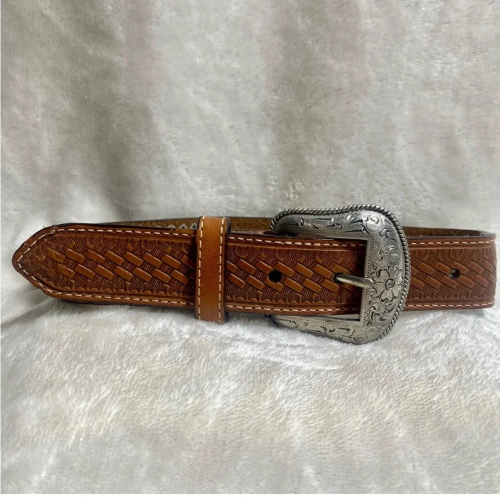 NOCONA Genuine Leather Kids Western Belt Brown Tooled Turquoise Cowboy Size 20